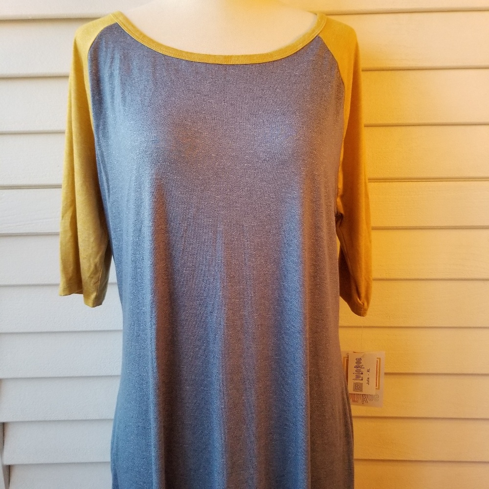 LulaRoe Blue w/ Yellow Sleeves Julia Dress. XL